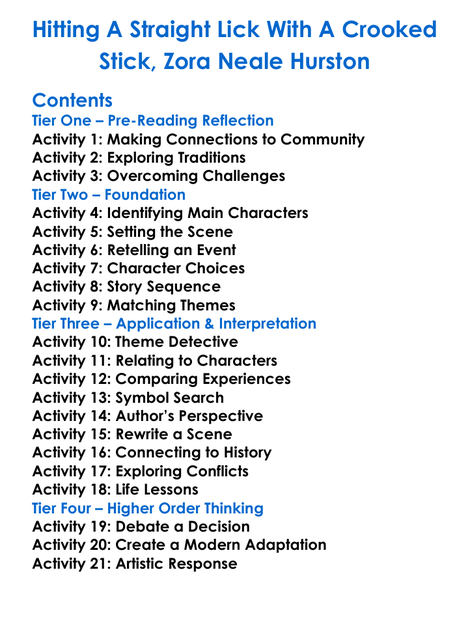 Hitting A Straight Lick With A Crooked Stick Zora Neale Hurston Worksheet Activity Booklet