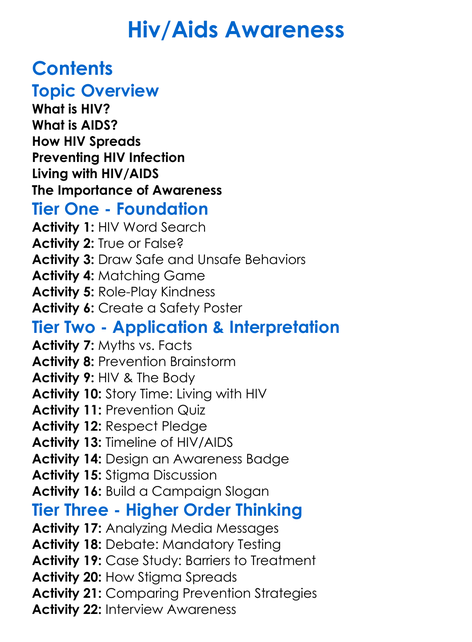 Hivaids Awareness Worksheet Activity Booklet