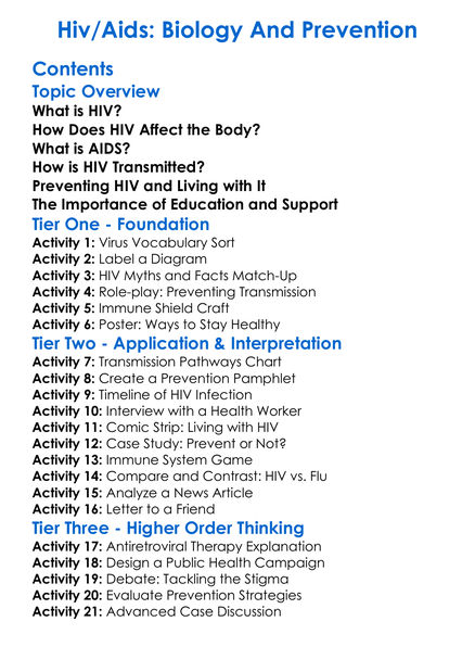 Hivaids Biology And Prevention Worksheet Activity Booklet