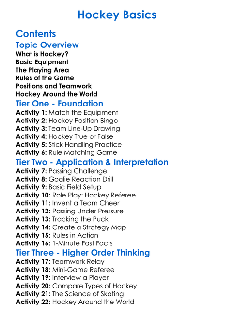 Hockey Basics Worksheet Activity Booklet