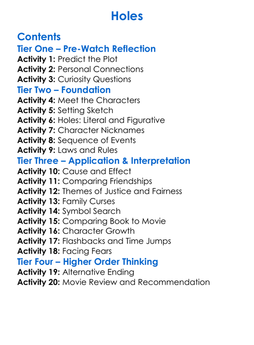 Holes Worksheet Activity Booklet