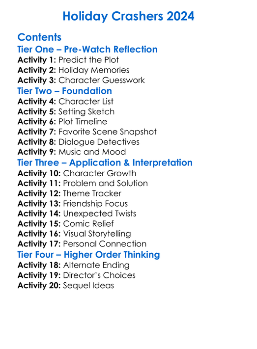 Holiday Crashers 2024 Worksheet Activity Booklet