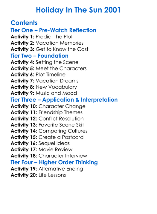 Holiday In The Sun 2001 Worksheet Activity Booklet
