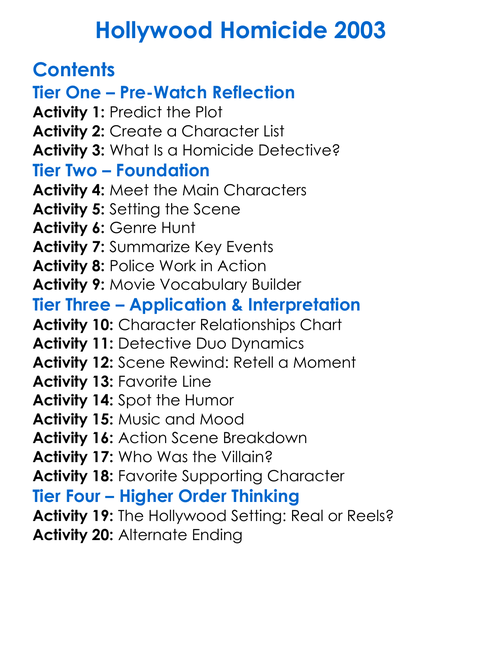 Hollywood Homicide 2003 Worksheet Activity Booklet