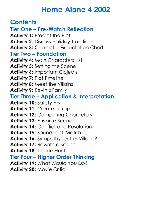 Home Alone 4 2002 Worksheet Activity Booklet