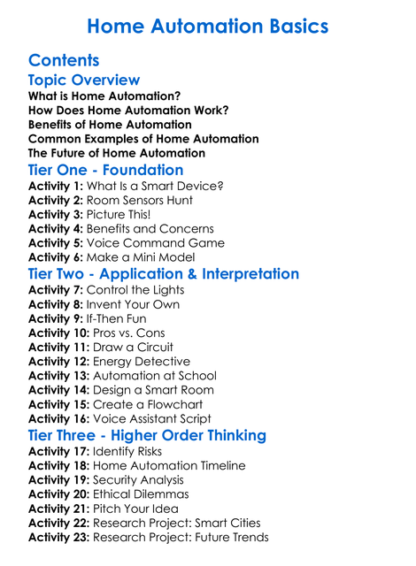 Home Automation Basics Worksheet Activity Booklet