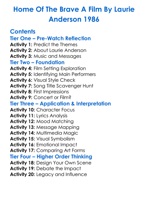 Home Of The Brave A Film By Laurie Anderson 1986 Worksheet Activity Booklet