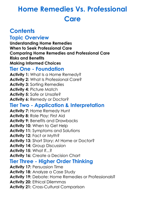 Home Remedies Vs Professional Care Worksheet Activity Booklet