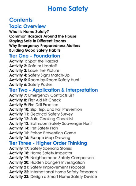 Home Safety Worksheet Activity Booklet