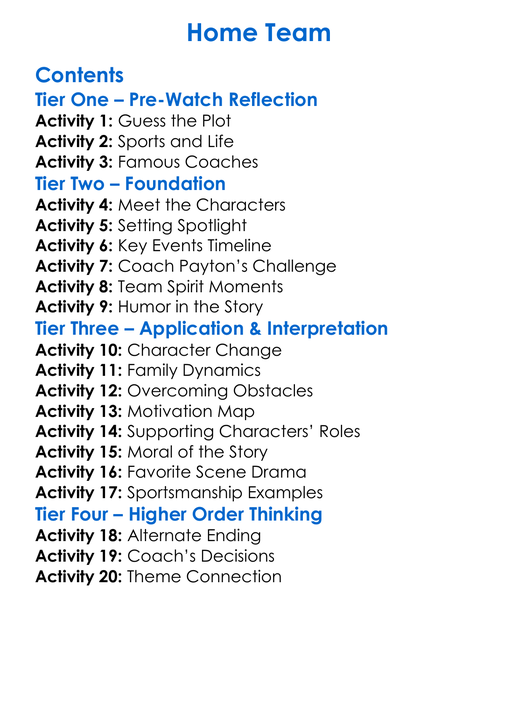 Home Team Worksheet Activity Booklet