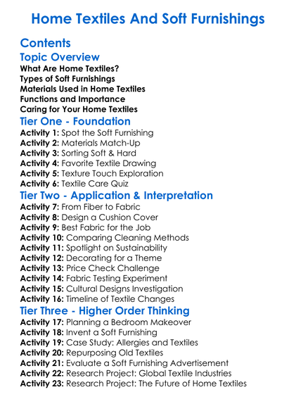 Home Textiles And Soft Furnishings Worksheet Activity Booklet