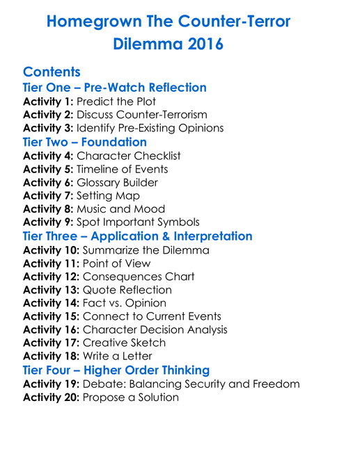 Homegrown The Counter-Terror Dilemma 2016 Worksheet Activity Booklet