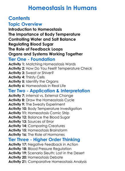 Homeostasis In Humans Worksheet Activity Booklet