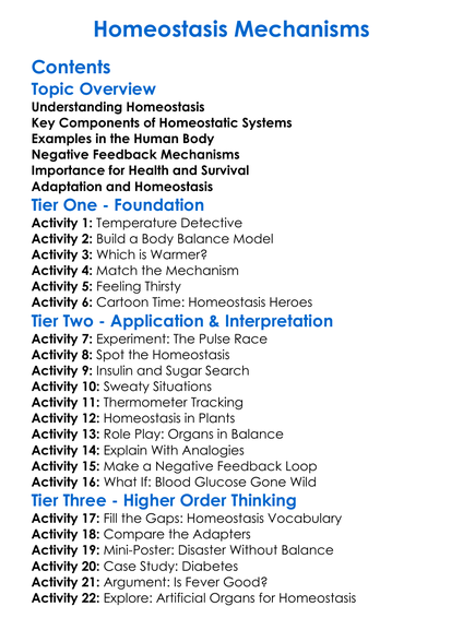 Homeostasis Mechanisms Worksheet Activity Booklet