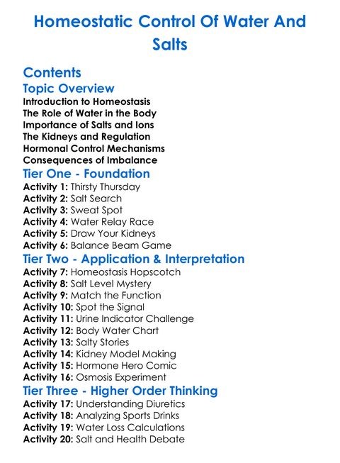 Homeostatic Control Of Water And Salts Worksheet Activity Booklet