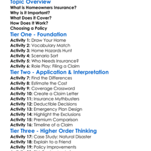 Homeowners Insurance Worksheet Activity Booklet
