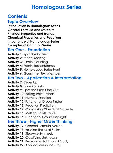 Homologous Series Worksheet Activity Booklet
