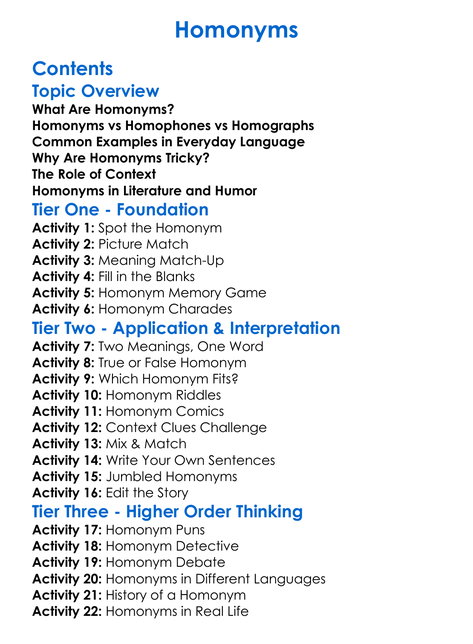 Homonyms Worksheet Activity Booklet