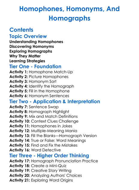 Homophones Homonyms And Homographs Worksheet Activity Booklet