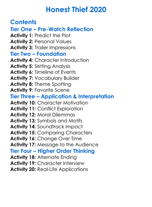 Honest Thief 2020 Worksheet Activity Booklet