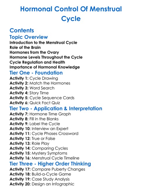 Hormonal Control Of Menstrual Cycle Worksheet Activity Booklet
