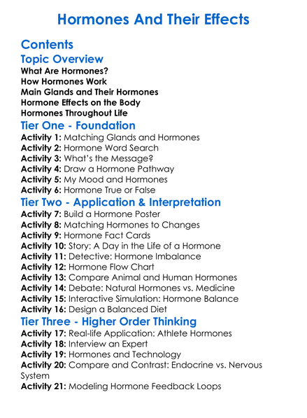 Hormones And Their Effects Worksheet Activity Booklet