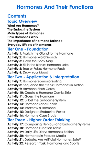 Hormones And Their Functions Worksheet Activity Booklet