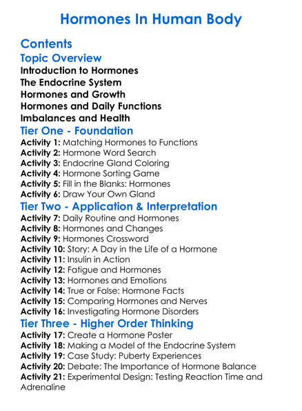 Hormones In Human Body Worksheet Activity Booklet