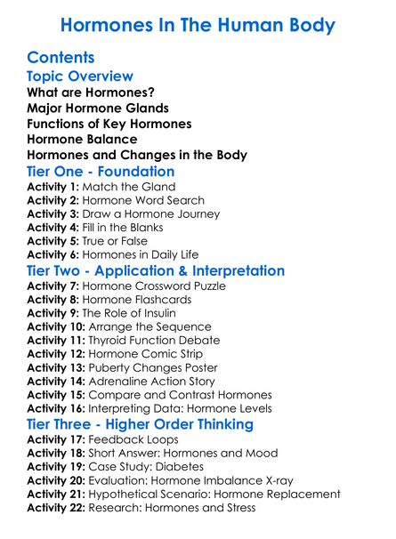 Hormones In The Human Body Worksheet Activity Booklet