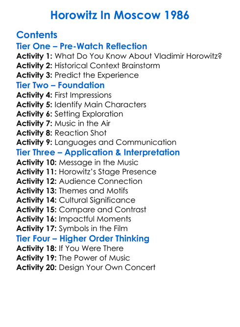 Horowitz In Moscow 1986 Worksheet Activity Booklet