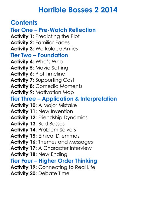Horrible Bosses 2 2014 Worksheet Activity Booklet