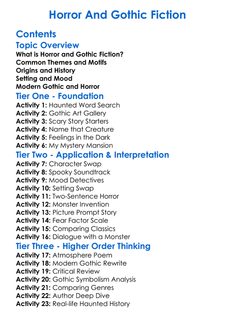 Horror And Gothic Fiction Worksheet Activity Booklet