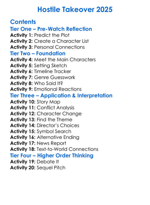 Hostile Takeover 2025 Worksheet Activity Booklet