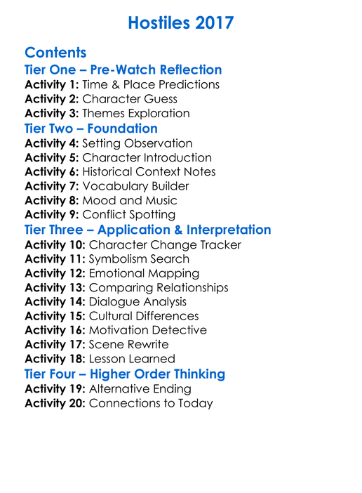 Hostiles 2017 Worksheet Activity Booklet