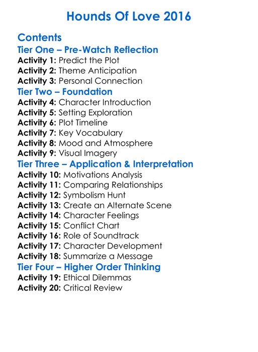 Hounds Of Love 2016 Worksheet Activity Booklet
