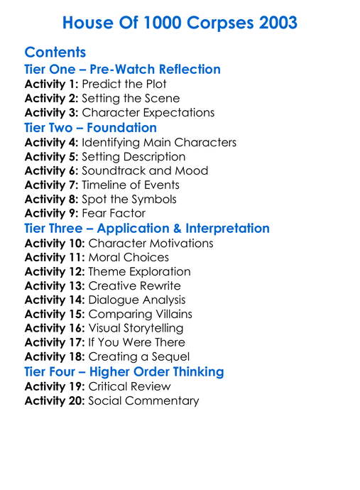 House Of 1000 Corpses 2003 Worksheet Activity Booklet
