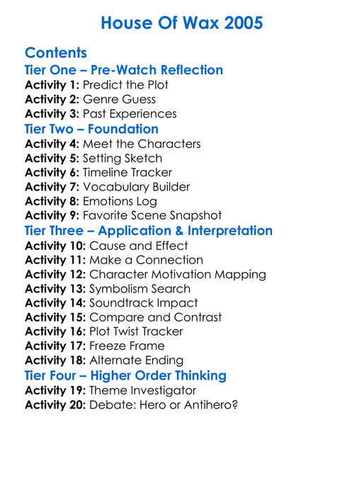 House Of Wax 2005 Worksheet Activity Booklet