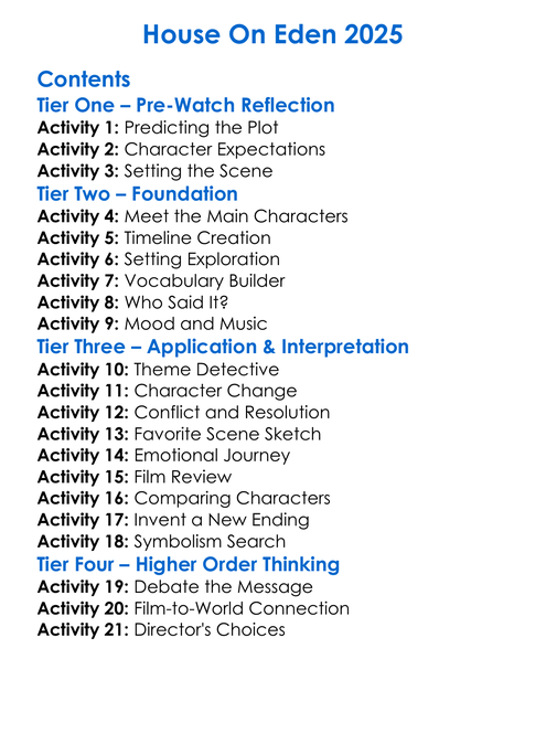 House On Eden 2025 Worksheet Activity Booklet