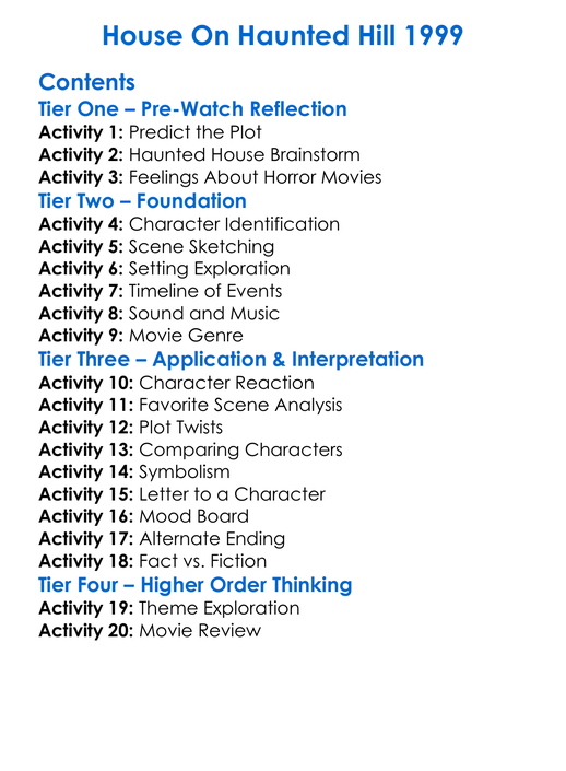 House On Haunted Hill 1999 Worksheet Activity Booklet