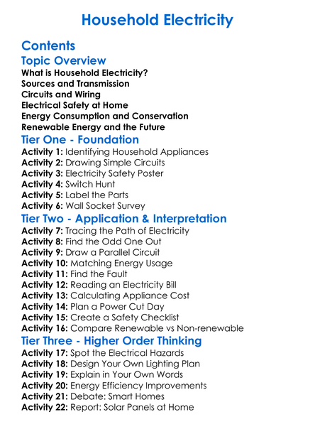 Household Electricity Worksheet Activity Booklet