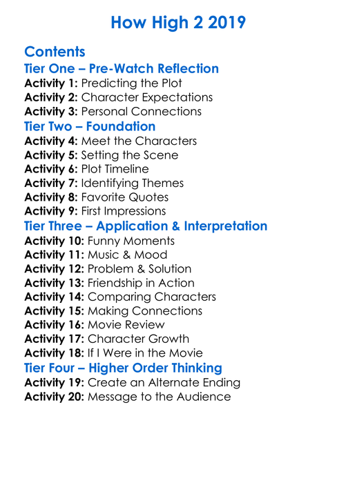 How High 2 2019 Worksheet Activity Booklet