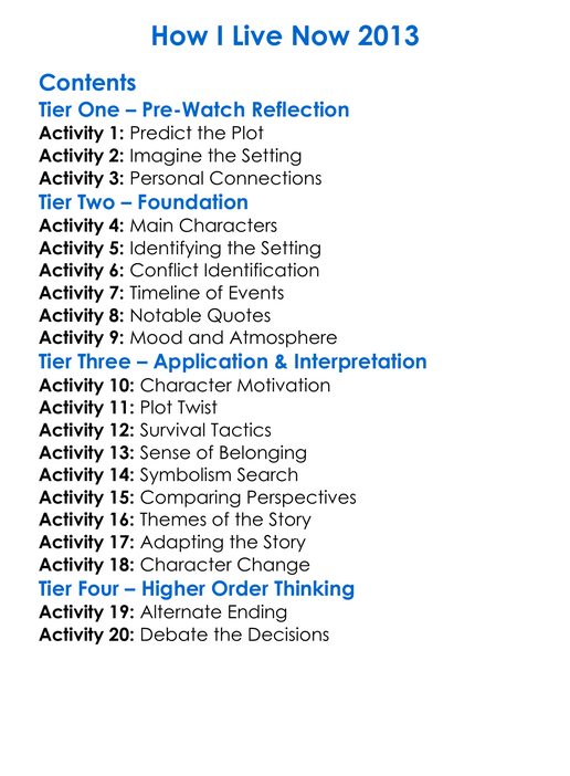 How I Live Now 2013 Worksheet Activity Booklet