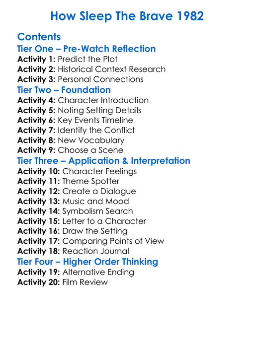 How Sleep The Brave 1982 Worksheet Activity Booklet
