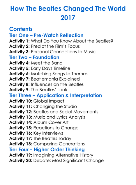 How The Beatles Changed The World 2017 Worksheet Activity Booklet