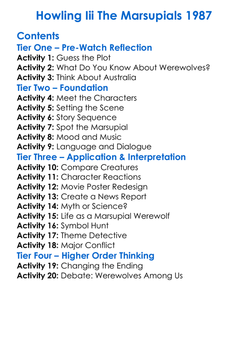 Howling Iii The Marsupials 1987 Worksheet Activity Booklet