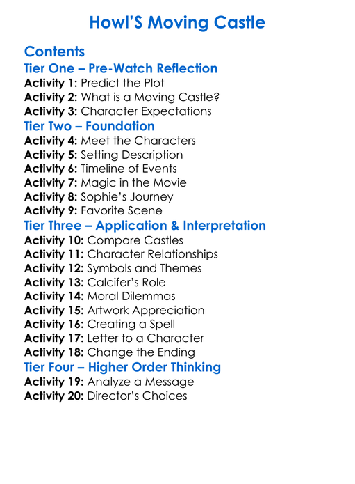 Howls Moving Castle Worksheet Activity Booklet