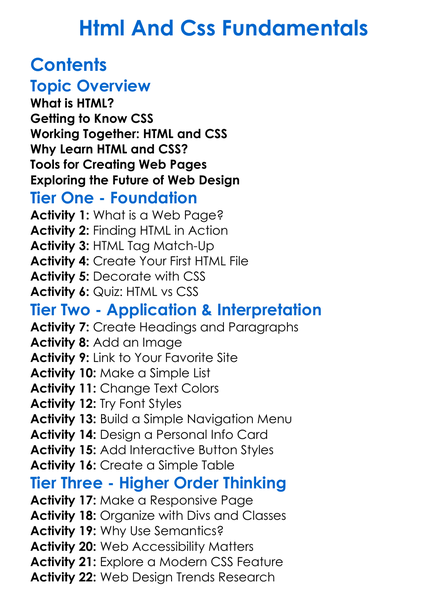 Html And Css Fundamentals Worksheet Activity Booklet