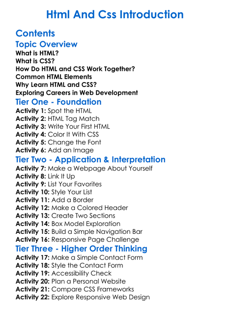 Html And Css Introduction Worksheet Activity Booklet