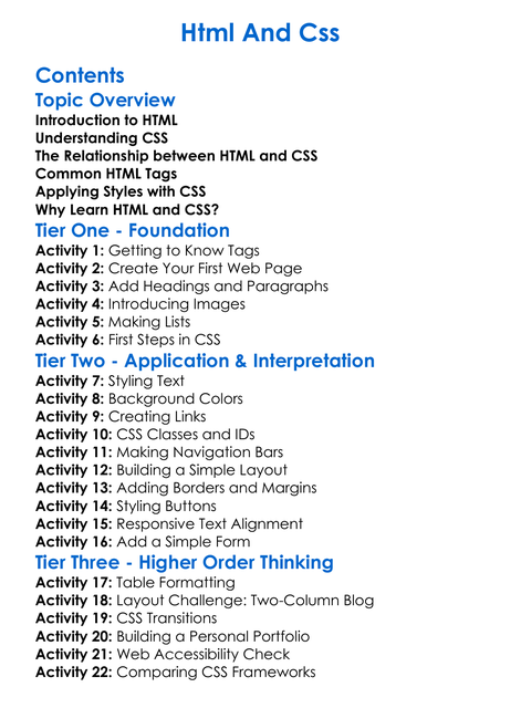 Html And Css Worksheet Activity Booklet