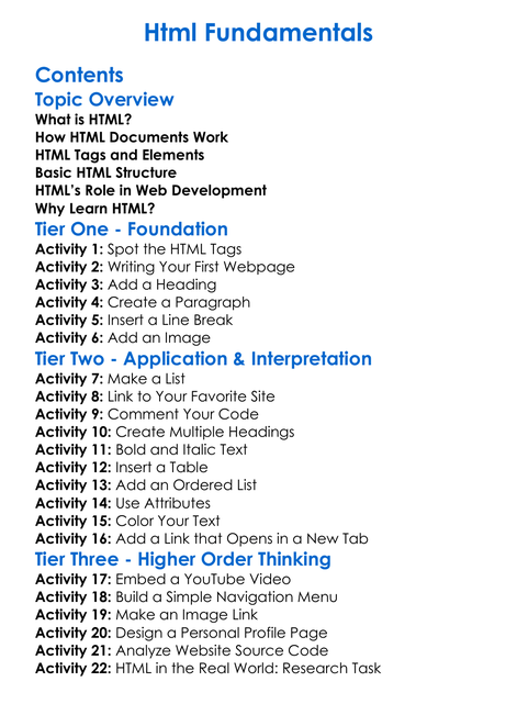 Html Fundamentals Worksheet Activity Booklet